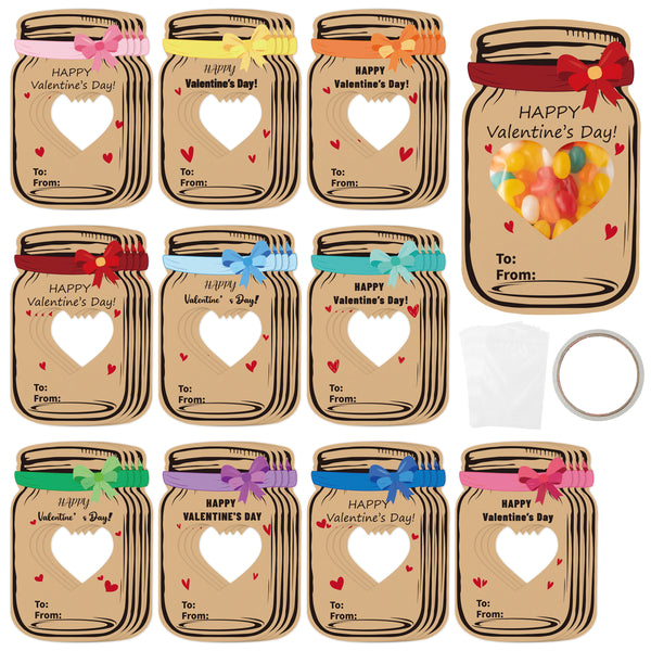 H1vojoxo 40PCS Valentines Day Gift Cards for Kids, Bow Jars Happy Valentines Greeting Cards Bulks, Valentines Exchange Cards for Boys Girls, Valentines Gift Cards for Party Favor (Candy Not Included) 