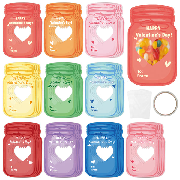 H1vojoxo 40PCS Valentines Day Gift Cards for Kids, Colorful Jars Happy Valentine Greeting Cards Bulks, Valentine Exchange Cards for Boys Girls, Valentine Cards for Party Favor (Candy Not Included) 