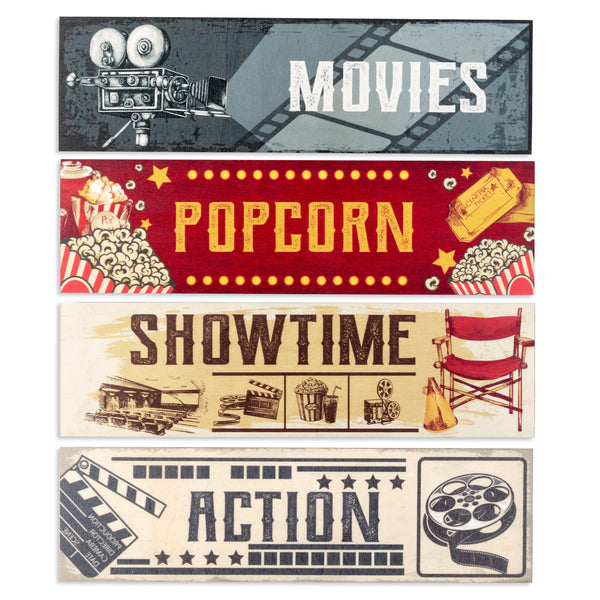 H1vojoxo 4PCS Wooden Movie Theater Decor, Home Movie Theater Decoration, Cinema Themed Wooden Sign for Wall Decor, Vintage Movie Theater Sign for Wall Art, 11*3 INCH Cinema Wooden Sign with 2 Hooks