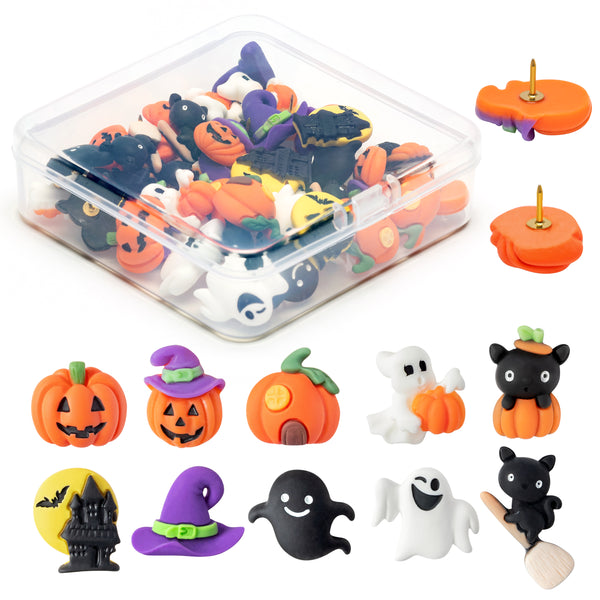 H1vojoxo 40PCS Halloween Push Pins Decoration for Cork Board, Halloween Decorative Thumb Tacks, Funny Pumpkin Push Pins for Photo Wall, Ghost Push Pins for Bulletin Board, Halloween Castle Push Pins