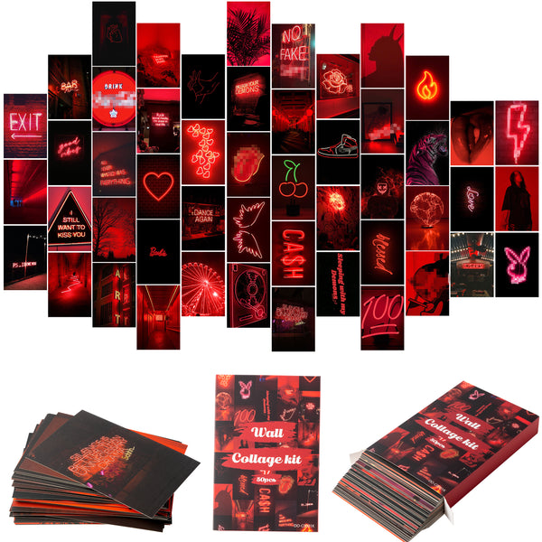 H1vojoxo 50PCS Red neon Room Decor Aesthetic Poster Wall Collage Kit, Red neon Style Wall Print for Teen Room, Red neon Style Photo Collection Dorm Decor for Boys Girls, Trendy Wall Print Kit 4*6 Inch