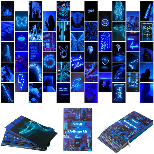 H1vojoxo 50PCS Blue Neon Room Decor Aesthetic Poster Wall Collage Kit, Blue Neon Style Wall Print for Teen Room, Blue Neon Style Photo Collection Dorm Decor for Teens, Trendy Wall Print Kit 4*6 Inch