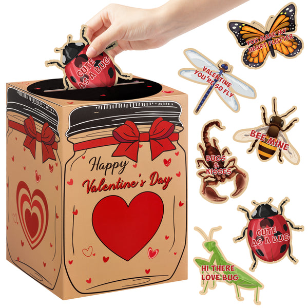 H1vojoxo 40PCS Valentine's Day Boxes for Kids and Mailbox for Classroom Exchange, Valentines Bugs Cards for Boys and Girls, Valentines Gift Cards for Party Favor (1 Mailbox and 39 Greeting Cards) 