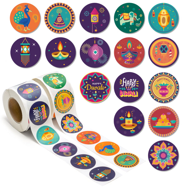 H1vojoxo 1000PCS Diwali Sticker Roll, Happy Diwali Stickers for Water Bottle, Diwali Decals for Laptop, Indian Diwali Stickers for Greeting Card, Festival of Lights Stickers for Party Favors