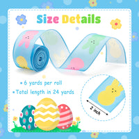 H1vojoxo 4PCS Easter Spring Pastel Wired Ribbon Rolls, Easter Bunny Wired Edge Ribbons, Decorative Wrapping Ribbons for Gift, Easter Colorful DIY Craft Ribbons, Easter Fabric Ribbon Decor, 24 Yards