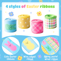 H1vojoxo 4PCS Easter Spring Pastel Wired Ribbon Rolls, Easter Bunny Wired Edge Ribbons, Decorative Wrapping Ribbons for Gift, Easter Colorful DIY Craft Ribbons, Easter Fabric Ribbon Decor, 24 Yards