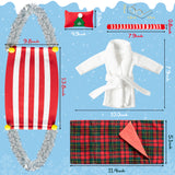 H1vojoxo 5PCS Christmas Elf Doll Accessories Set, Xmas Elf Hammock for Kids, Christmas Doll Accessories Set Including Xmas Elf Doll Hammock, Plaid Sleeping Bag, Bathrobe, Striped Scarf, Gold Glasses