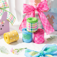 H1vojoxo 4PCS Easter Spring Pastel Wired Ribbon Rolls, Easter Bunny Wired Edge Ribbons, Decorative Wrapping Ribbons for Gift, Easter Colorful DIY Craft Ribbons, Easter Fabric Ribbon Decor, 24 Yards